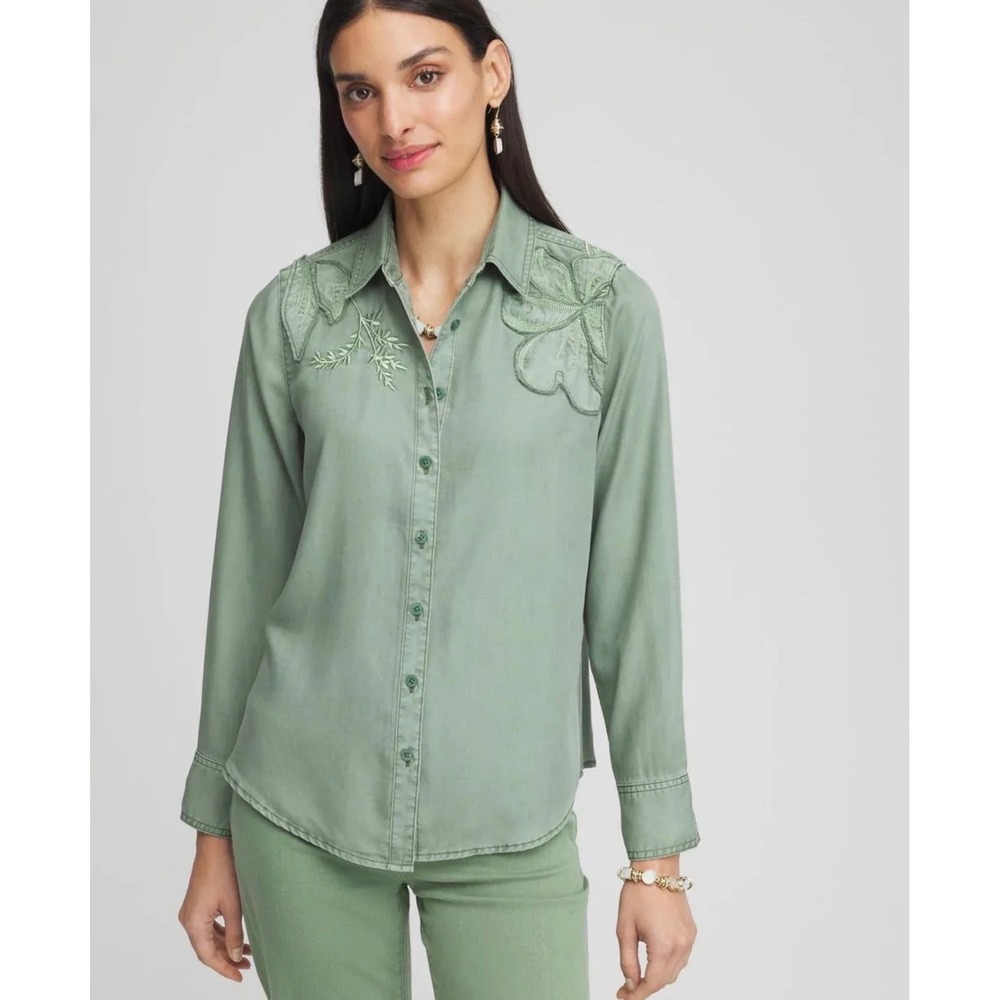 Chico's Embroidered‎ Lyocell Button Down Shirt Mineral Green Floral XXL 4 US 20